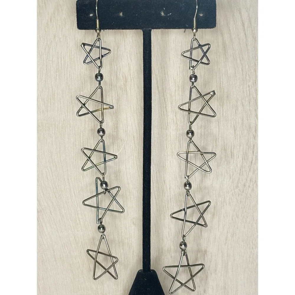 Vintage Shoulder Duster Earrings Silver Tone Open Star Link Dangles 6